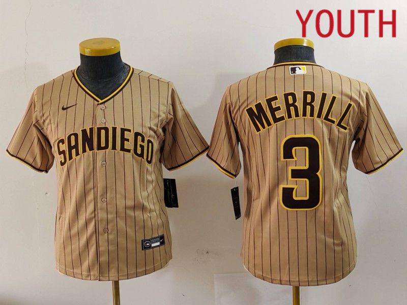 Youth San Diego Padres #3 Merrill Brown Stripe Game 2024 Nike MLB Jersey style 902